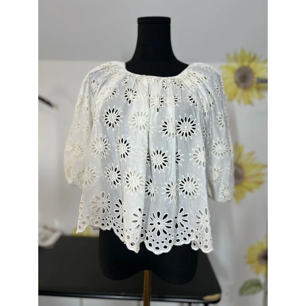 Madewell Eyelet Puff-Sleeve Top Antique‎ Cream Floral Scalloped Small NEW